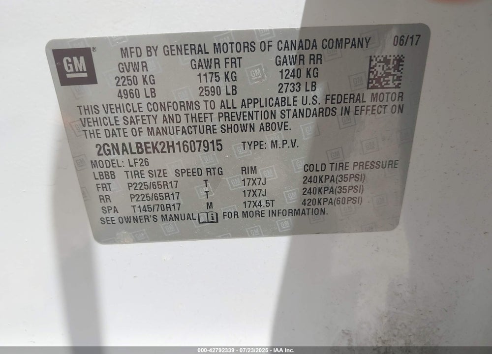 2017 CHEVROLET EQUINOX VIN: 2GNALBEK2H1607915