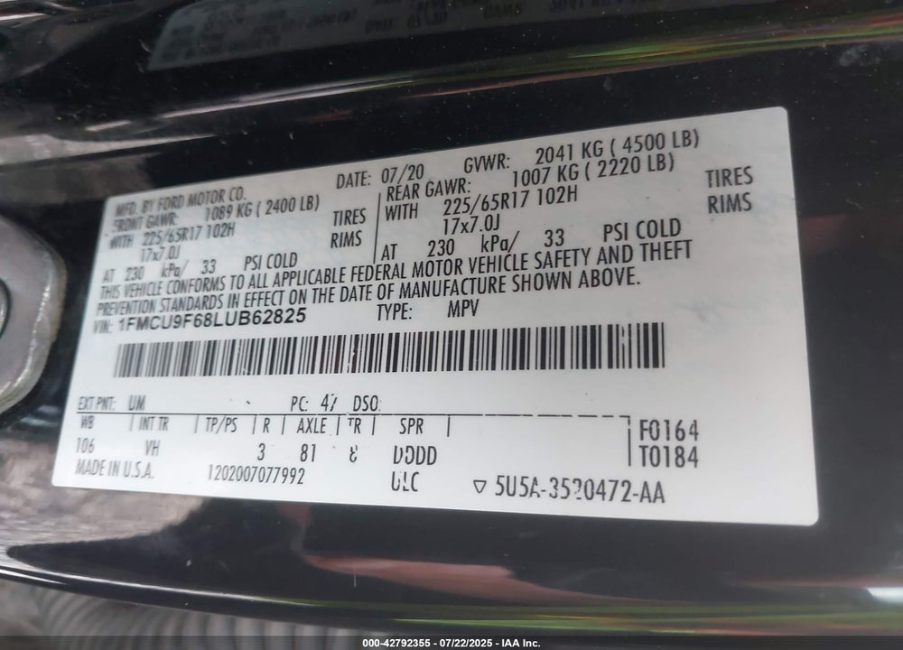 2020 FORD ESCAPE VIN: 1FMCU9F68LUB62825
