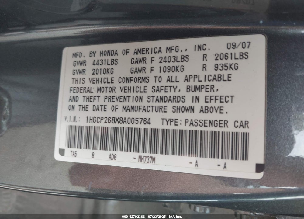 2008 HONDA ACCORD 2.4 EX-L VIN: 1HGCP268X8A005764