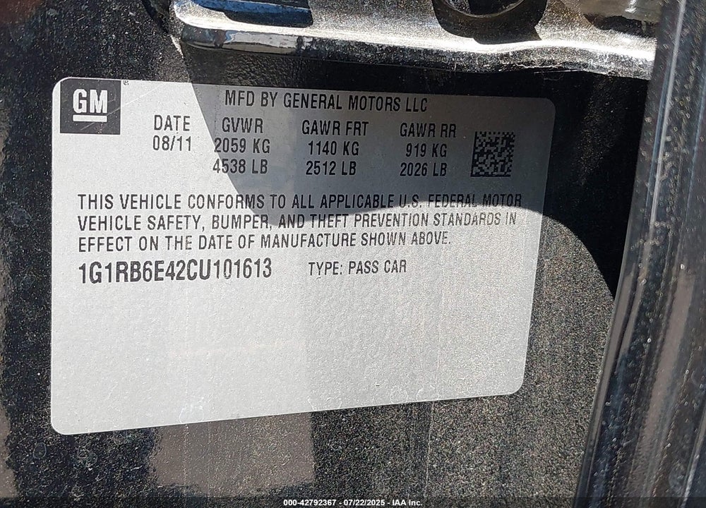 2012 CHEVROLET VOLT VIN: 1G1RB6E42CU101613
