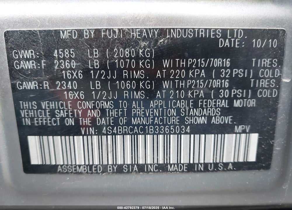 2011 SUBARU OUTBACK VIN: 4S4BRCAC1B3365034