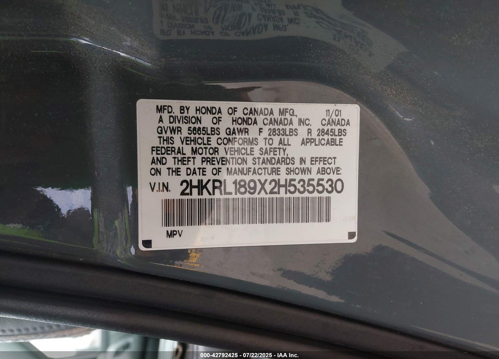 2002 HONDA ODYSSEY EX-L VIN: 2HKRL189X2H535530