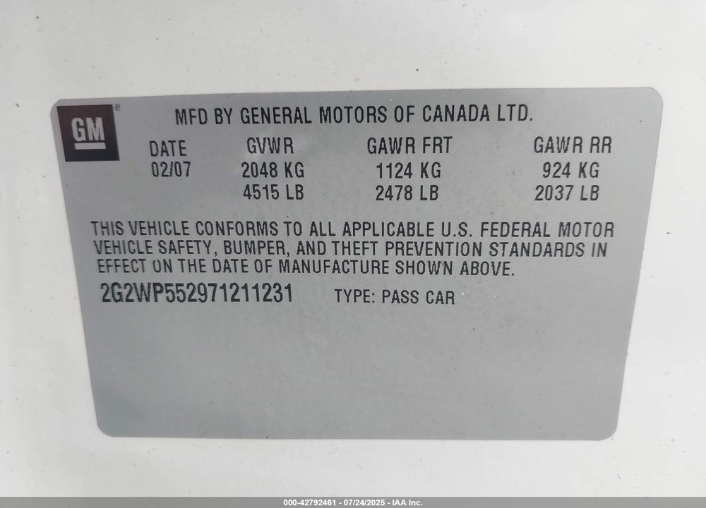 2007 PONTIAC GRAND PRIX VIN: 2G2WP552971211231