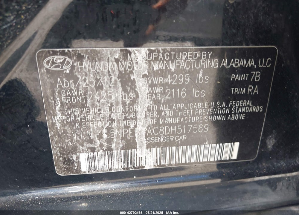 2013 HYUNDAI SONATA VIN: 5NPEB4AC8DH517569