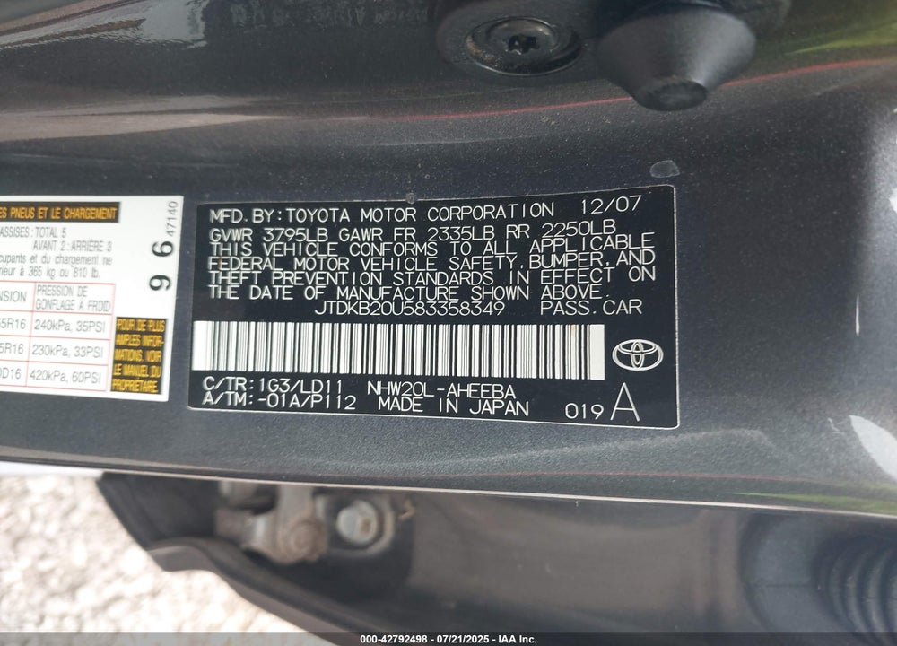 2008 TOYOTA PRIUS VIN: JTDKB20U583358349