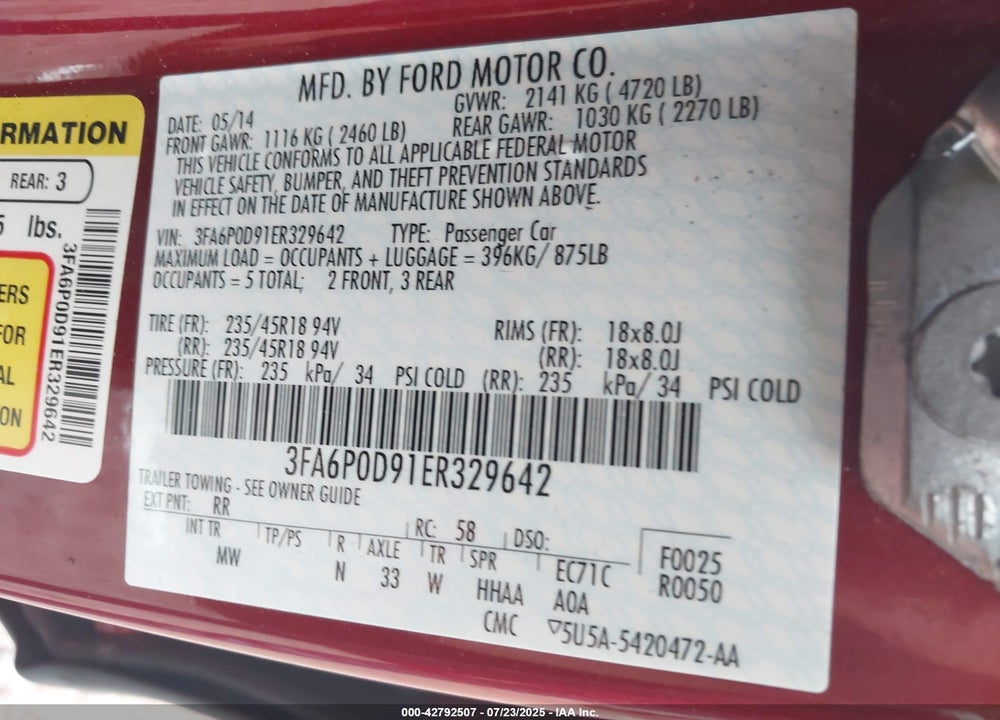 2014 FORD FUSION VIN: 3FA6P0D91ER329642