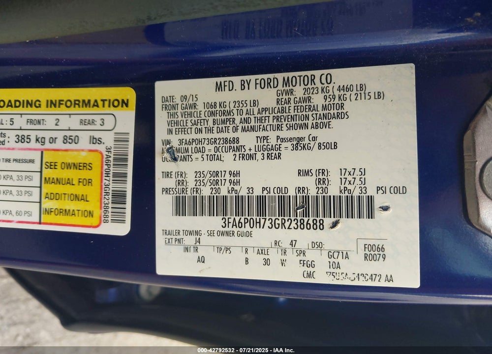 2016 FORD FUSION VIN: 3FA6P0H73GR238688