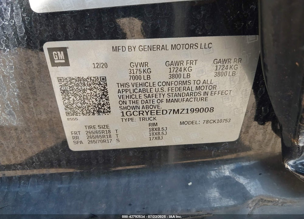 2021 CHEVROLET SILVERADO 1500 VIN: 1GCRYEED7MZ199008