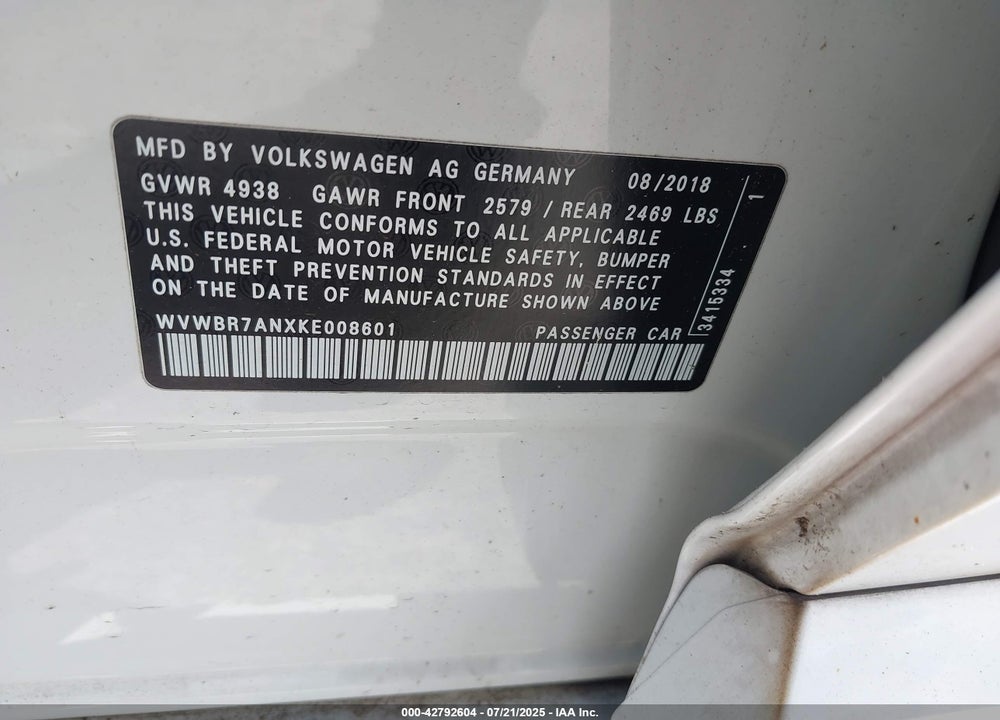 2019 VOLKSWAGEN ARTEON VIN: WVWBR7ANXKE008601