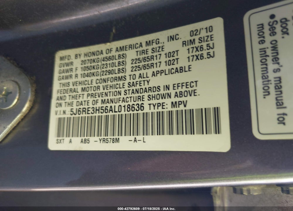 2010 HONDA CR-V VIN: 5J6RE3H56AL018636