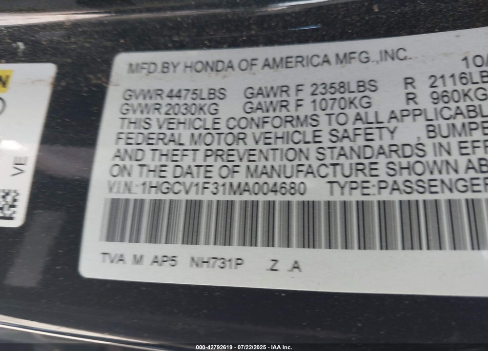 2021 HONDA ACCORD VIN: 1HGCV1F31MA004680