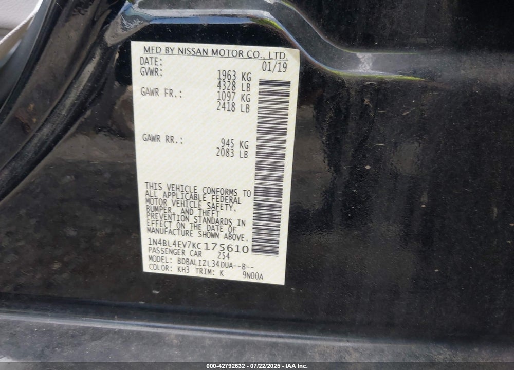 2019 NISSAN ALTIMA VIN: 1N4BL4EV7KC175610