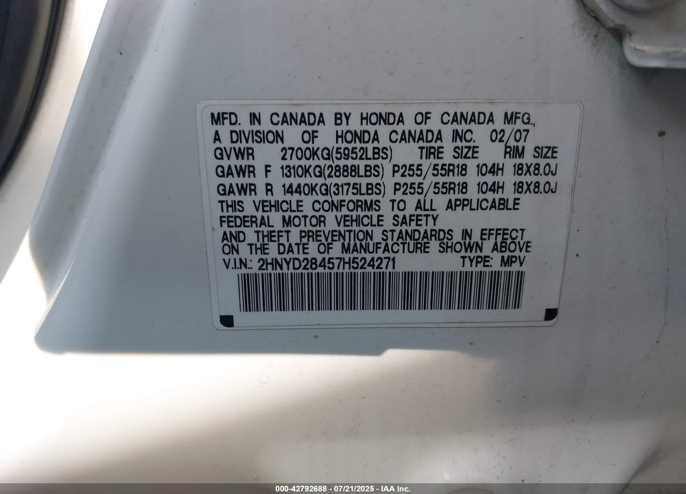 2007 ACURA MDX TECHNOLOGY PACKAGE VIN: 2HNYD28457H524271