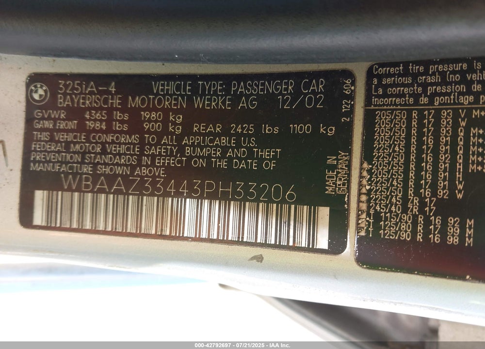 2003 BMW 325I VIN: WBAAZ33443PH33206