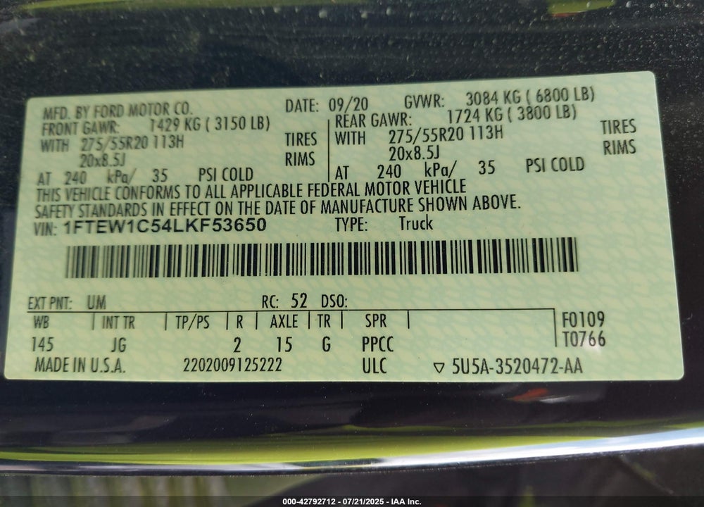 2020 FORD F-150 XL VIN: 1FTEW1C54LKF53650