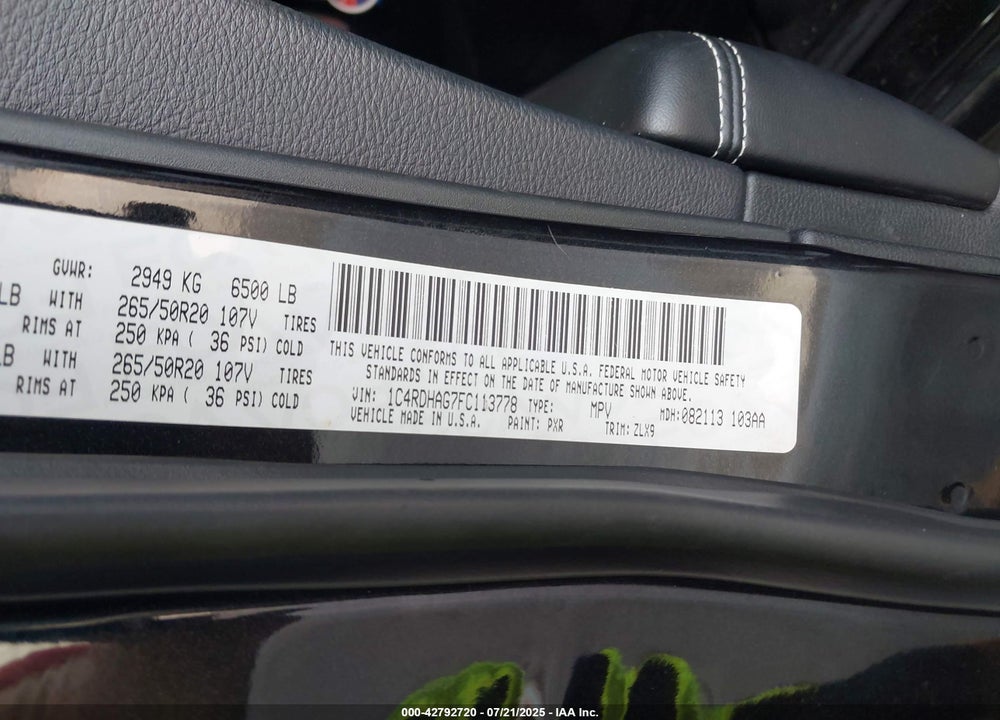 2015 DODGE DURANGO SXT VIN: 1C4RDHAG7FC113778