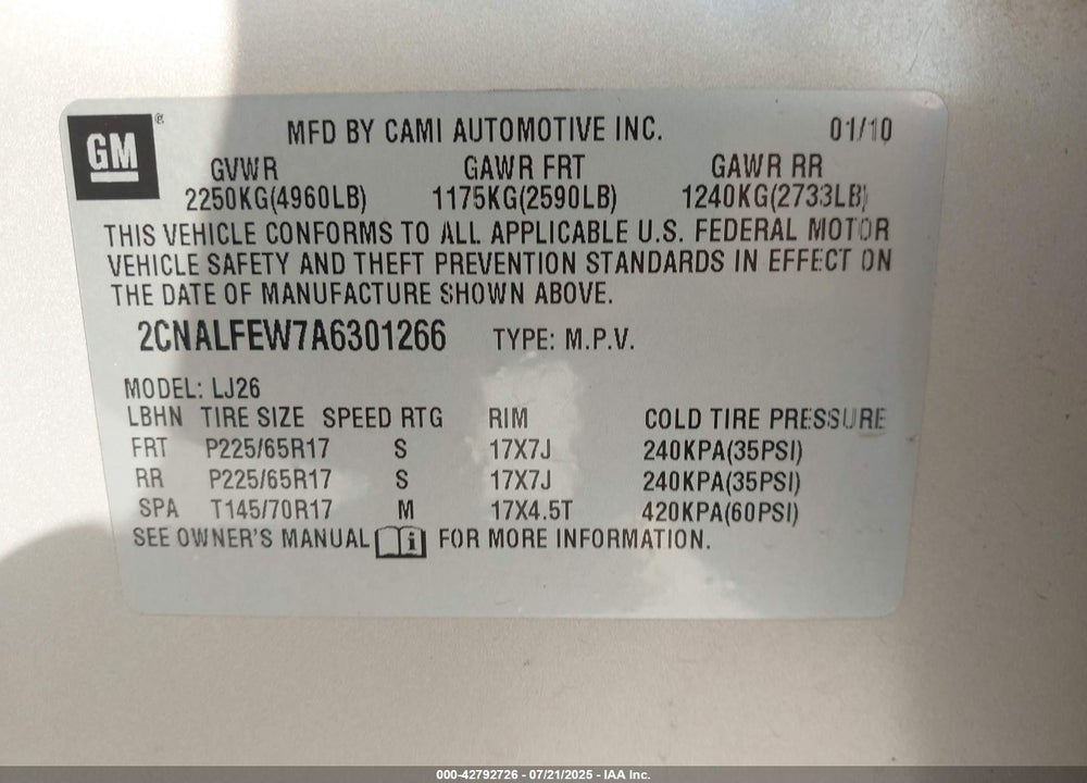 2010 CHEVROLET EQUINOX VIN: 2CNALFEW7A6301266