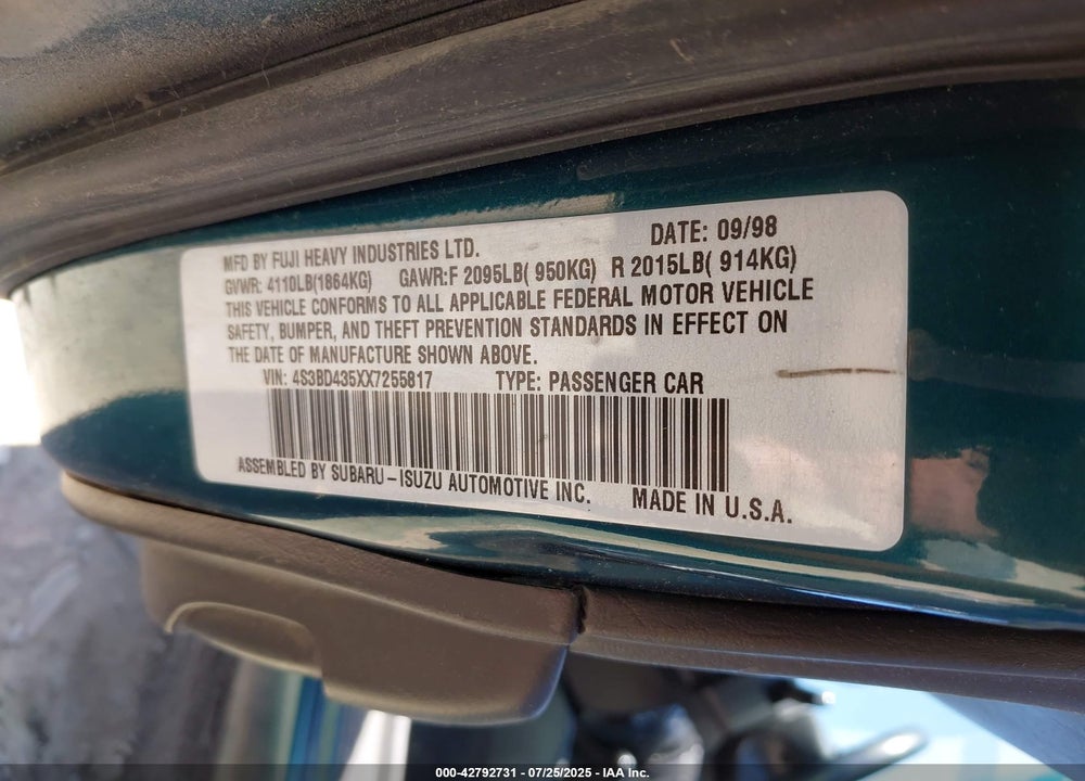 1999 SUBARU LEGACY 30TH ANN. L/L VIN: 4S3BD435XX7255817