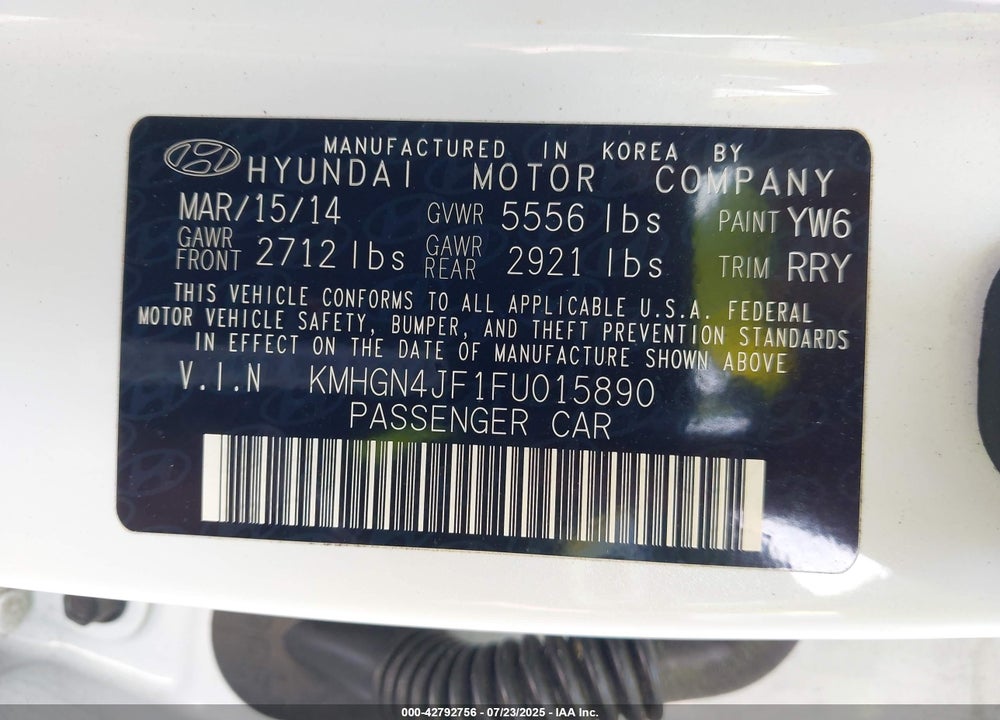 2015 HYUNDAI GENESIS VIN: KMHGN4JF1FU015890