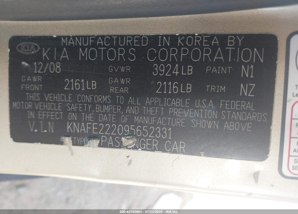 2009 KIA SPECTRA VIN: KNAFE222095652331