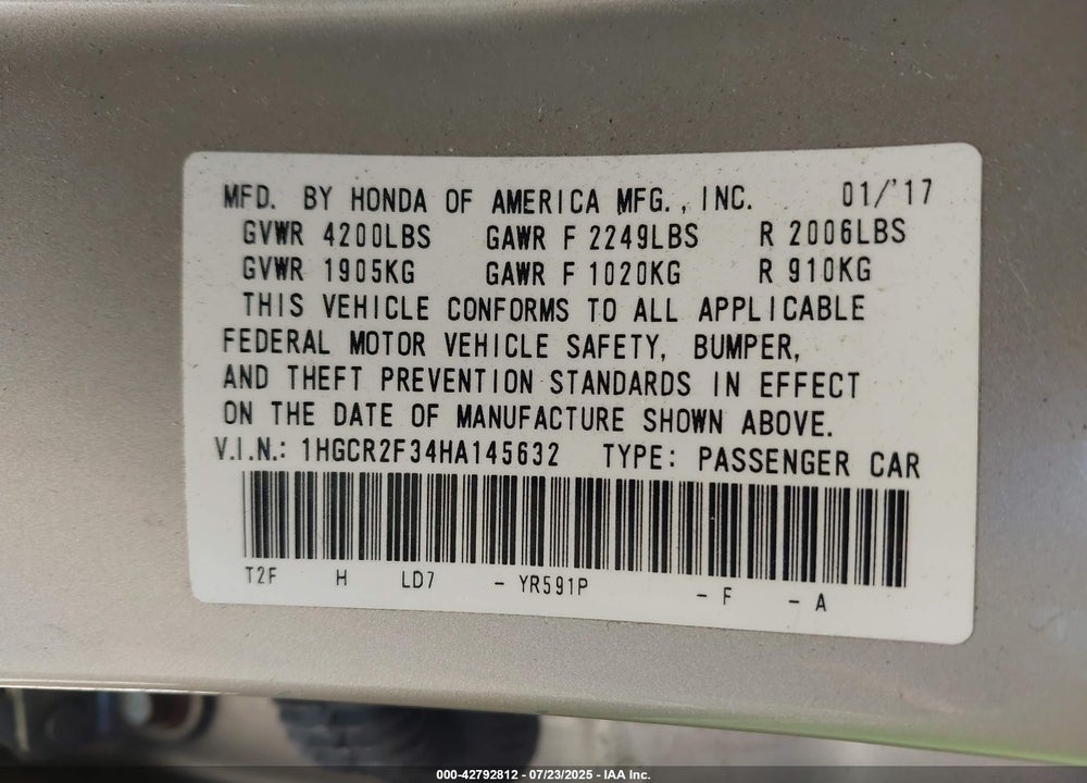 2017 HONDA ACCORD LX VIN: 1HGCR2F34HA145632