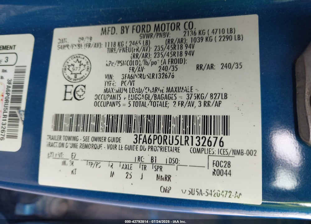 2020 FORD FUSION VIN: 3FA6P0RU5LR132676
