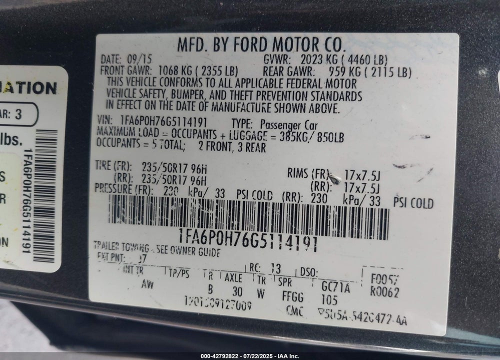 2016 FORD FUSION VIN: 1FA6P0H76G5114191