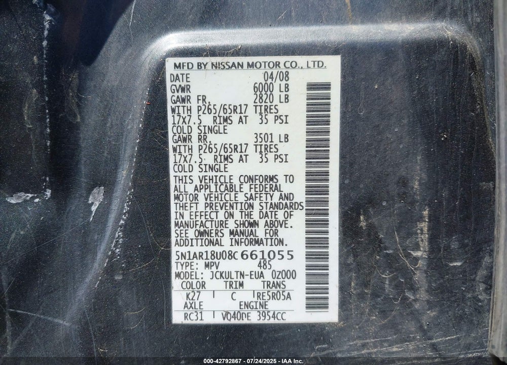 2008 NISSAN PATHFINDER SE VIN: 5N1AR18U08C661055