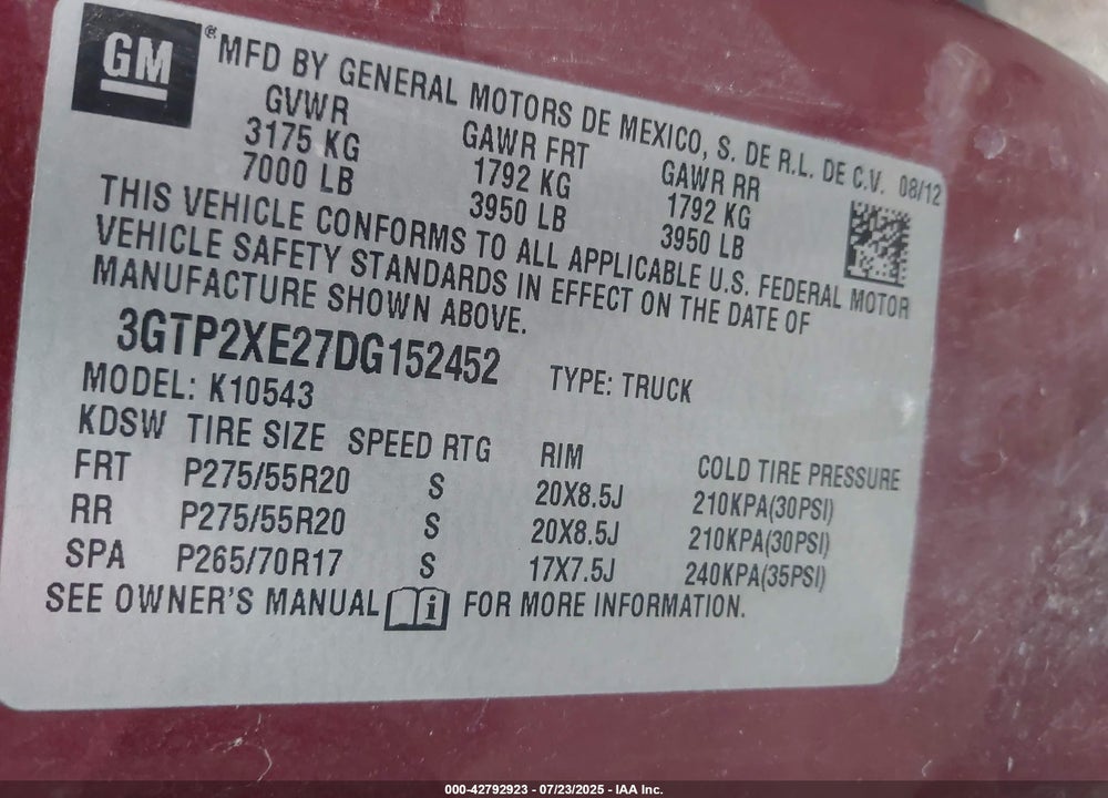2013 GMC SIERRA 1500 DENALI VIN: 3GTP2XE27DG152452