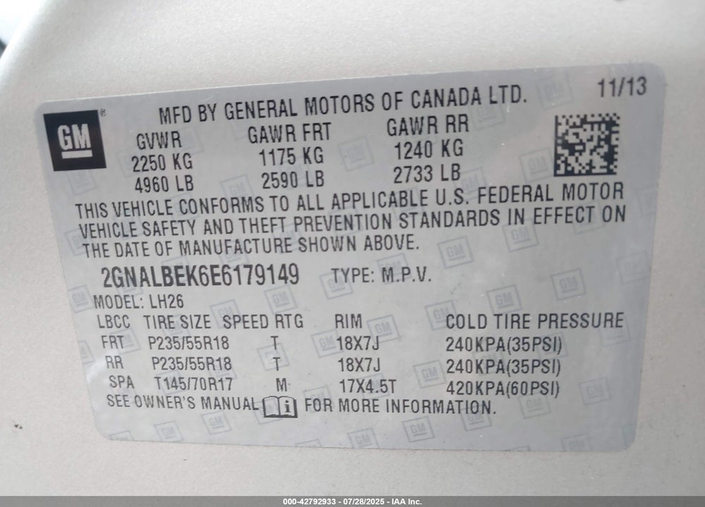 2014 CHEVROLET EQUINOX VIN: 2GNALBEK6E6179149