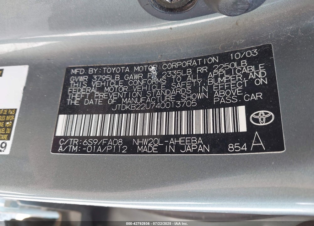 2004 TOYOTA PRIUS VIN: JTDKB22U740013705