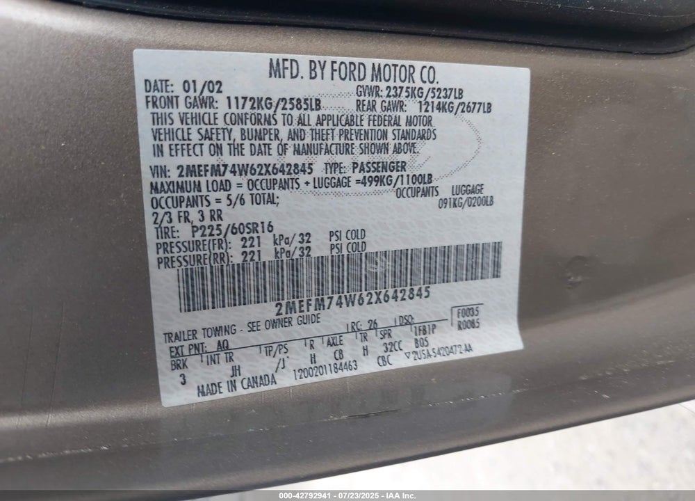 2002 MERCURY GRAND MARQUIS VIN: 2MEFM74W62X642845