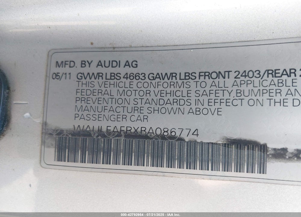 2011 AUDI A5 VIN: WAULFAFRXBA086774