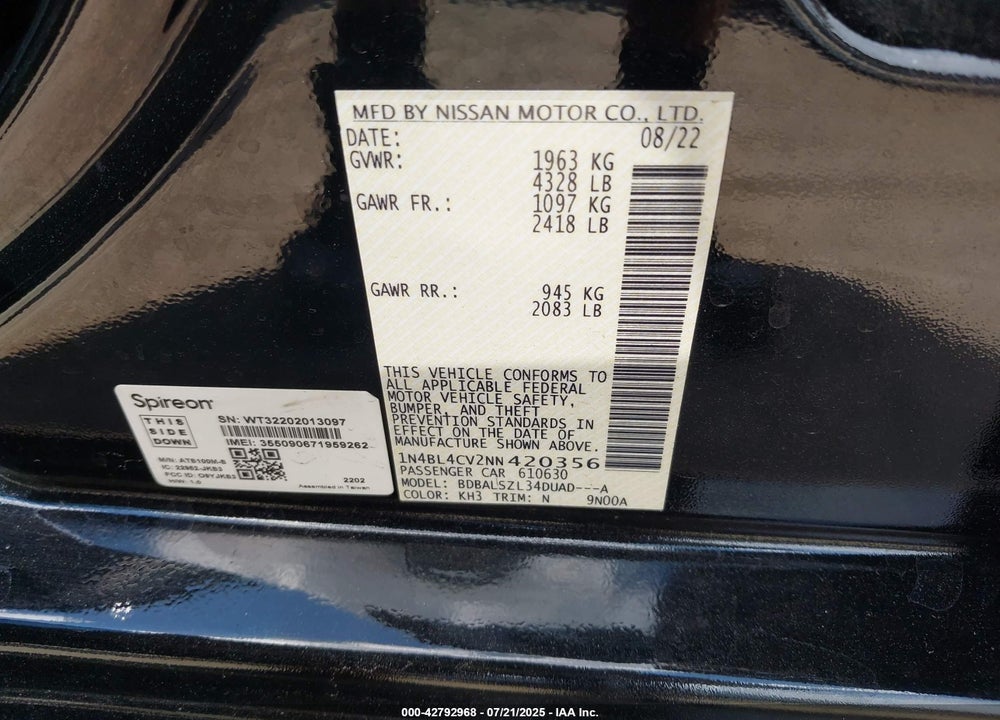 2022 NISSAN ALTIMA VIN: 1N4BL4CV2NN420356