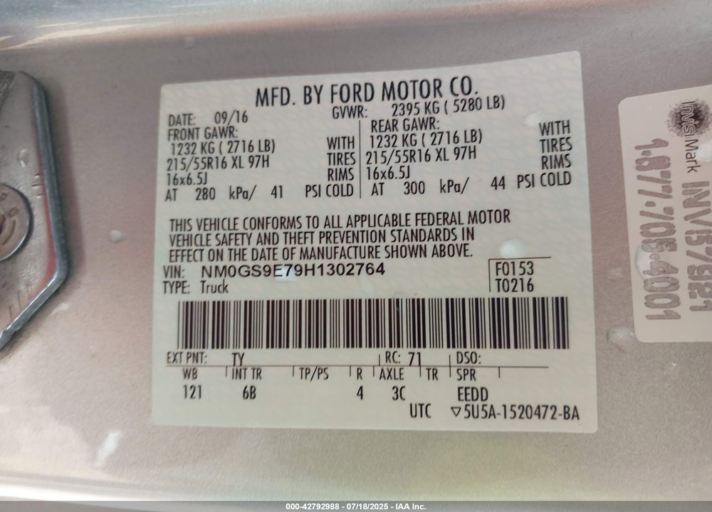 2017 FORD TRANSIT CONNECT XL VIN: NM0GS9E79H1302764