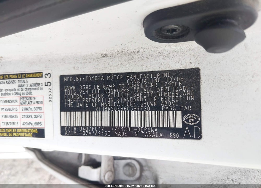 2006 TOYOTA COROLLA VIN: 2T1BR30E66C594720