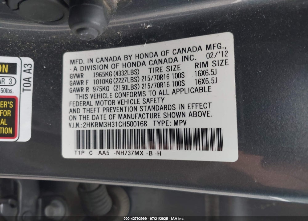 2012 HONDA CR-V VIN: 2HKRM3H31CH500168