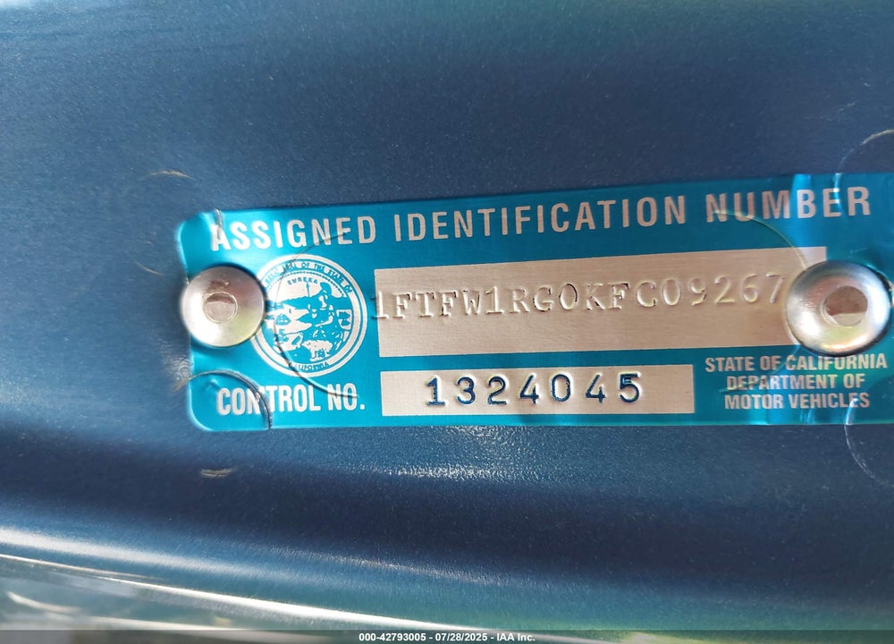 2019 FORD F-150 VIN: 1FTFW1RG0KFC09267