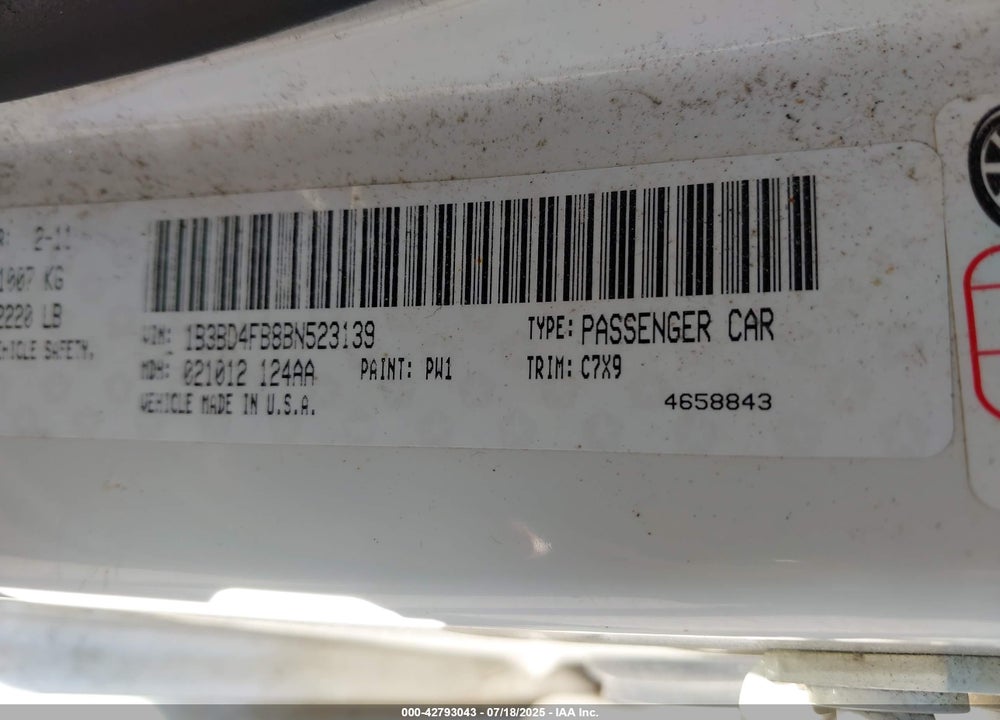 2011 DODGE AVENGER VIN: 1B3BD4FB8BN523139