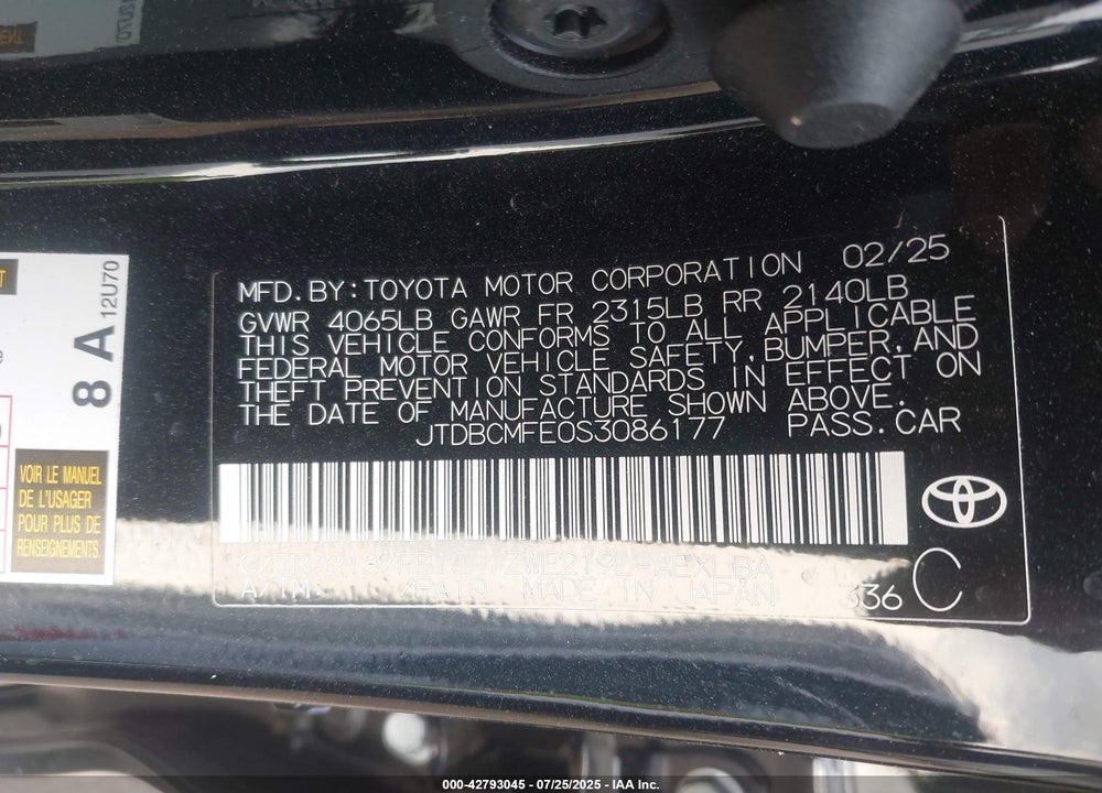 2025 TOYOTA COROLLA VIN: JTDBCMFE0S3086177