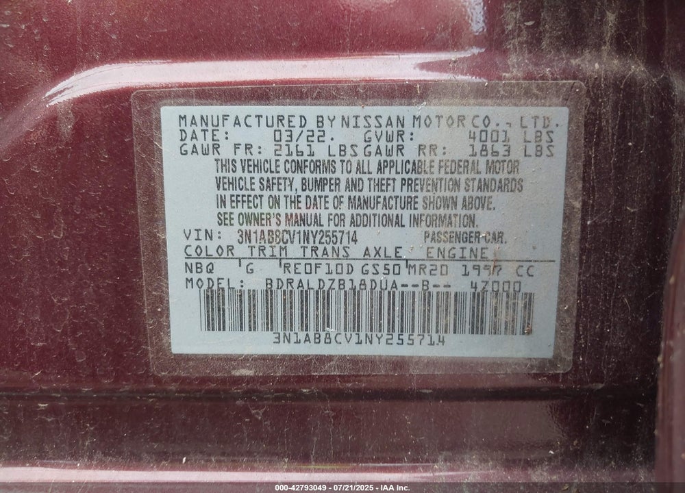2022 NISSAN SENTRA VIN: 3N1AB8CV1NY255714