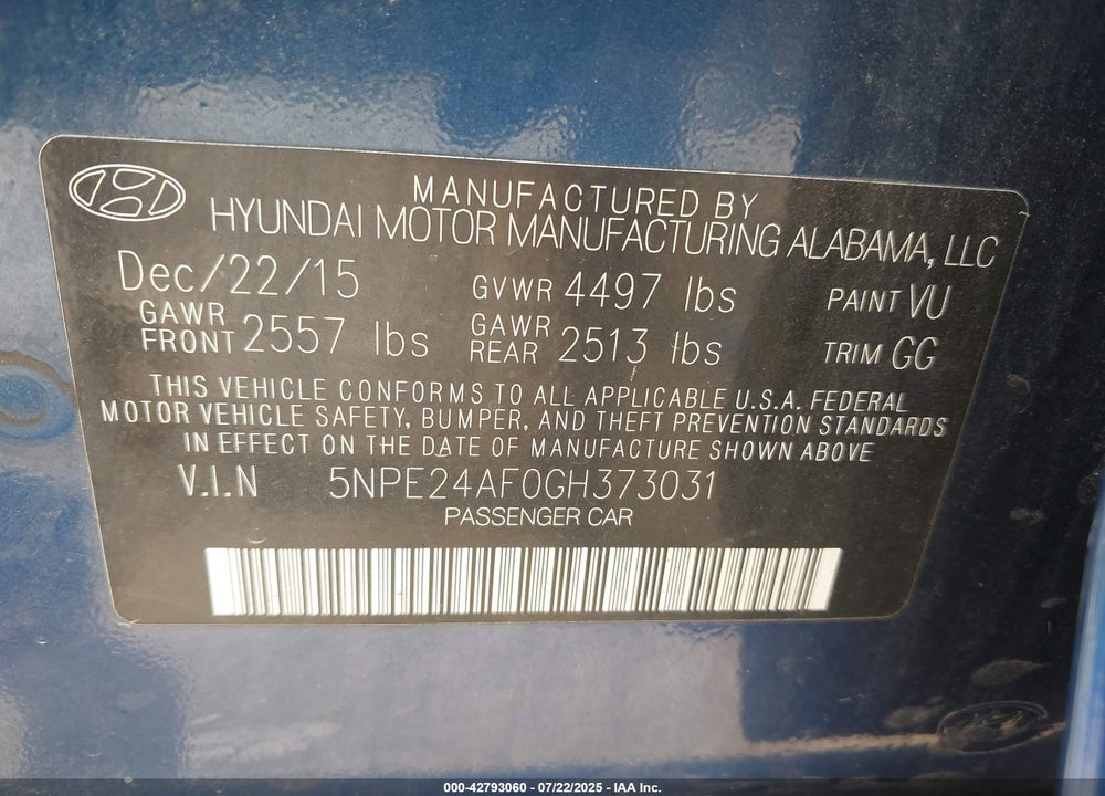 2016 HYUNDAI SONATA VIN: 5NPE24AF0GH373031