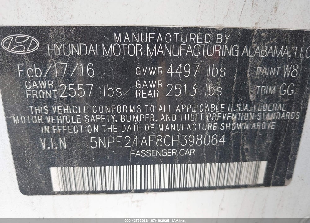 2016 HYUNDAI SONATA VIN: 5NPE24AF8GH398064