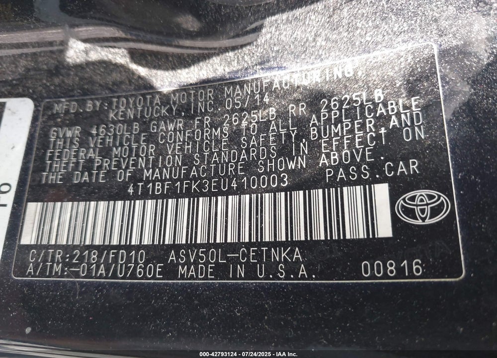 2014 TOYOTA CAMRY VIN: 4T1BF1FK3EU410003