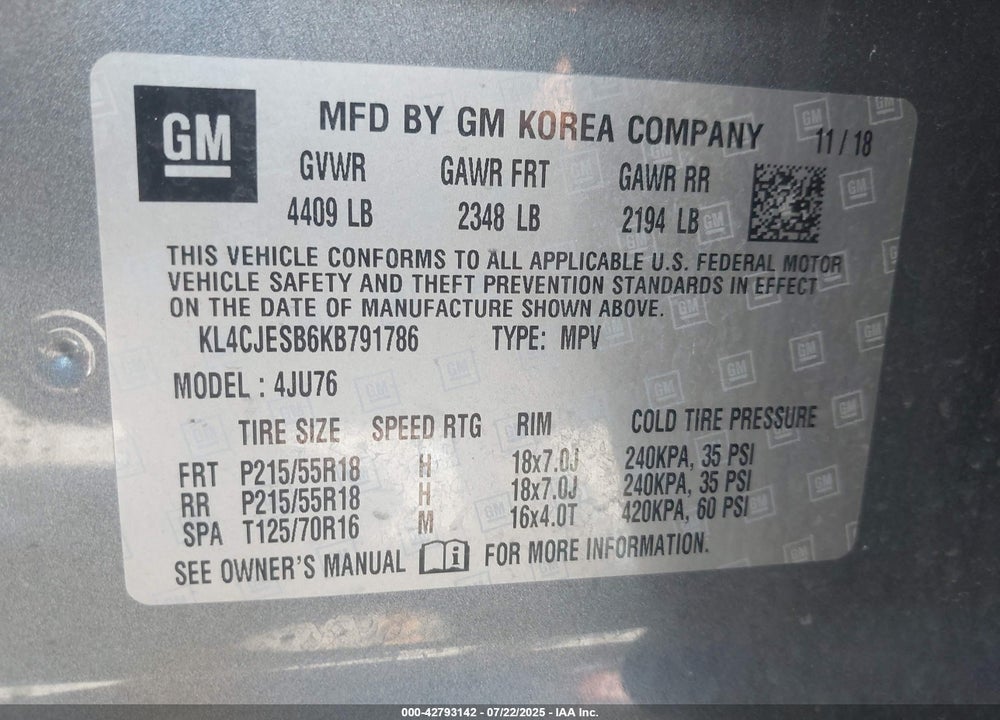 2019 BUICK ENCORE VIN: KL4CJESB6KB791786