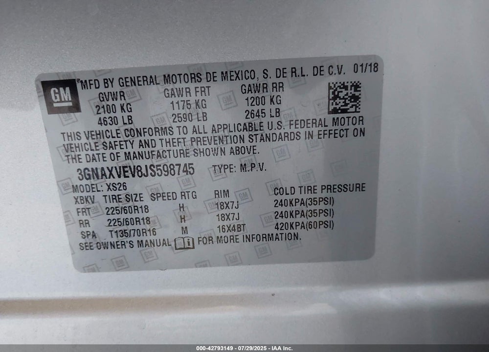 2018 CHEVROLET EQUINOX PREMIER VIN: 3GNAXVEV8JS598745