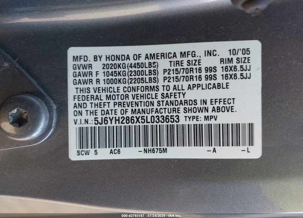 2005 HONDA ELEMENT EX VIN: 5J6YH286X5L033653