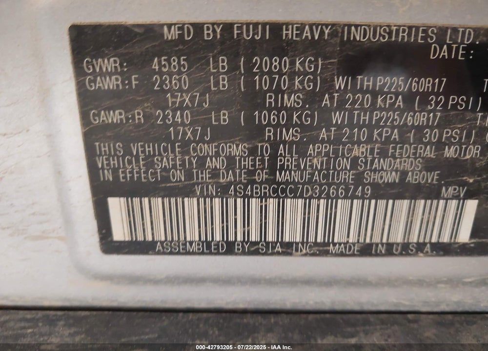 2013 SUBARU OUTBACK VIN: 4S4BRCCC7D3266749