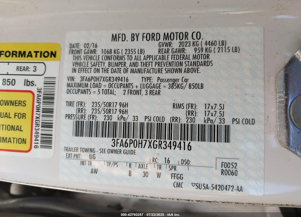 2016 FORD FUSION VIN: 3FA6P0H7XGR349416