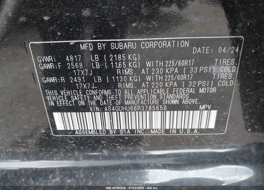 2024 SUBARU CROSSTREK VIN: 4S4GUHU66R3785650